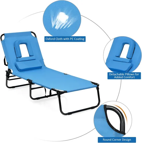 Miniatura 7 de Sillón plegable de playa con 5 respaldos ajustables y almohada acolchada, tumbona para tomar el sol, silla plana de bronceado para cubierta de Azul