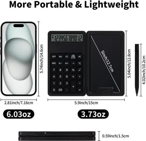 Miniatura 5 de Calculadora básica portátil de escritorio, mini calculadoras pequeñas con bloc de notas de escritura y lápiz capacitivo, más ligera y portátil, Negro