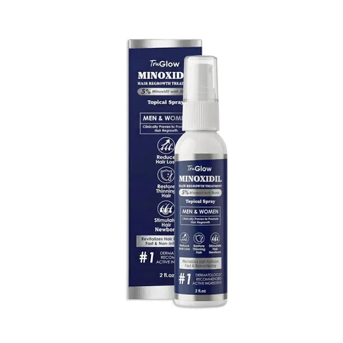 TruGlow - Spray de tratamiento de crecimiento del cabello de minoxidil al 5% para hombres y mujeres con cabello delgado, solución tópica para el