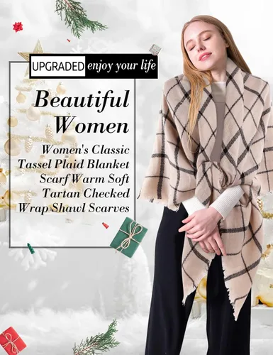 Miniatura 4 de Manta a cuadros para mujer, bufanda de invierno cálida y acogedora capa de chal de gran tamaño.