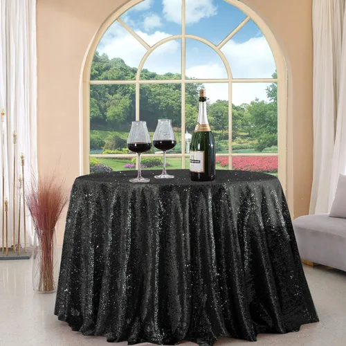 Miniatura 50 de Manteles redondos de lentejuelas negros para fiestas, de 121,9 cm, mantel redondo de purpurina ajustado, pequeño, lindo y dulce, para boda