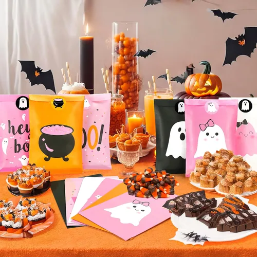 Miniatura 5 de FHzytg 48 bolsas de recuerdo de fiesta de Halloween, bolsas de regalo de dulces fantasmas de Halloween rosas para niñas, decoraciones de cumpleaños