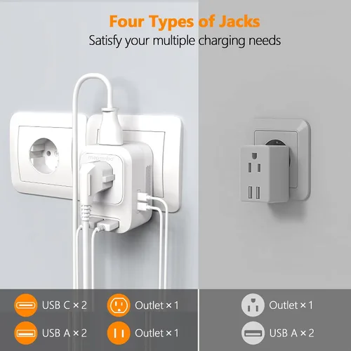 Miniatura 5 de Mapambo Convertidor de voltaje de 220 V a 110 V de EE. UU. a Europa con 2 puertos USB, 2 USB C, convertidor de adaptador de corriente internacional