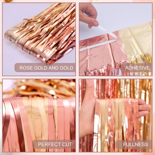 Miniatura 4 de LOLStar Paquete de 2 decoraciones de cumpleaños de oro rosa, cortinas de flecos de papel de aluminio rosa y dorado, cortinas de flecos de papel