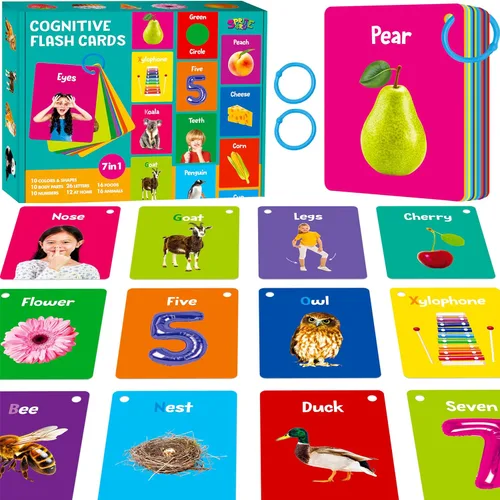 Miniatura 23 de 51 PIEZAS Tarjetas cognitivas en español para bebés, impresas a doble cara, 7 en 1 tarjetas coloridas, alfabeto, números, alimentos, animales