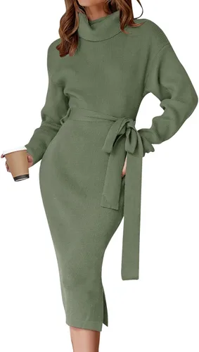 Miniatura 28 de ZESICA - Vestido por debajo de la rodilla de suéter, de cuello alto, para mujer, de manga larga, de punto acanalado, con abertura y cinturón
