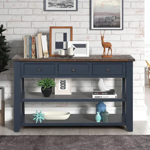 Miniatura 13 de RuiSiSi Mesa consola de 48 pulgadas con 3 cajones y 2 estantes, mesa de sofá de madera de granja para sala de estar, entrada, pasillo, color blanco