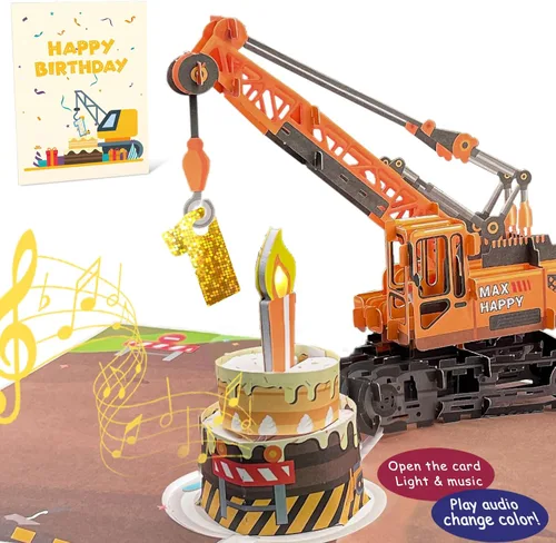 Miniatura 9 de Tarjeta de felicitación 3D de 4º cumpleaños con luz y música, tarjeta de camión grúa para niño, sobrino, nieto, hijo, niño pequeño, con sobre, 4th