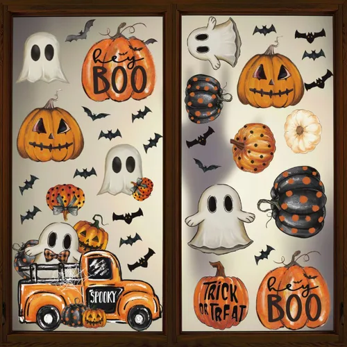 Miniatura 2 de Horaldaily 40 calcomanías de Halloween para ventana, Jack-O-Lantern, calabaza, camión, gnomo, fantasma, murciélagos, gatos, suministros de fiesta