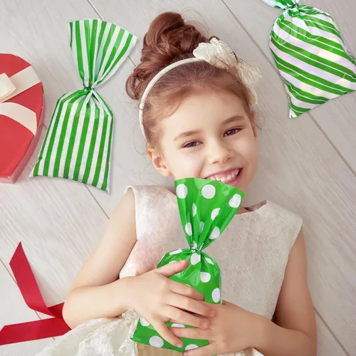 Miniatura 5 de Aneco Paquete de 100 bolsas de celofán verde y blanco de 10.6 x 5.1 pulgadas, bolsas de plástico para dulces, bolsa de regalo, bolsa de regalo