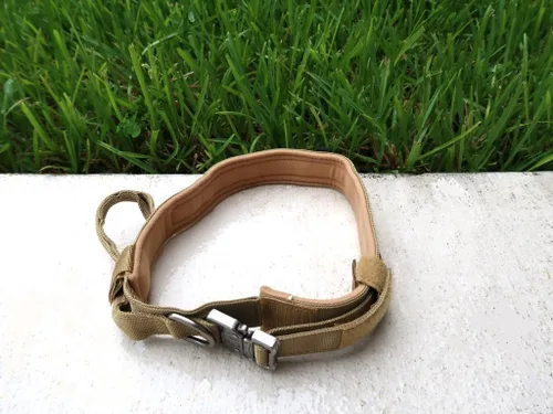 Collar táctico para perro, resistente, ajustable, personalizado con asa y hebilla de metal para entrenamiento de policía militar (color caqui,