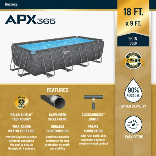 Miniatura 2 de Bestway APX 365 - Piscina sobre el suelo de 18 x 9 x 52 pulgadas, juego de piscina rectangular con marco de metal para exteriores con bomba