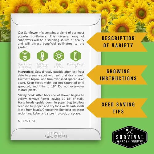 Miniatura 2 de Survival Garden Seeds - Mezcla de semillas de girasol populares para plantar - 2 paquetes con instrucciones para cultivar hermosas flores en tu