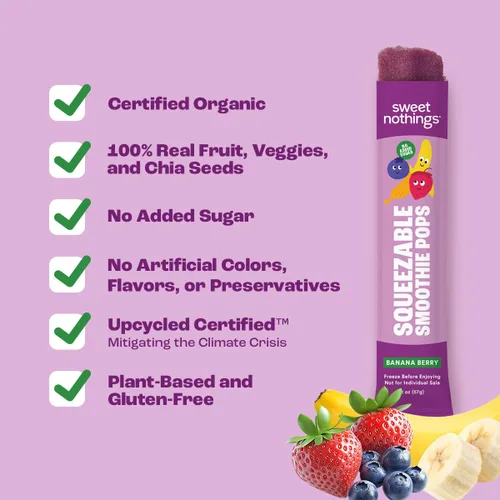 Miniatura 8 de Sweet Nothings, Banana Berry, Paletas de batido de fruta exprimible para niños orgánicas USDA, paquete de valor de 24 - sin colorantes, sin azúcar