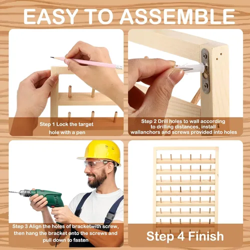 Miniatura 4 de Yahenda Paquete de 4 soportes de hilo de madera para 48 carretes de hilo montado en la pared con ganchos para colgar, organizador para mini costura