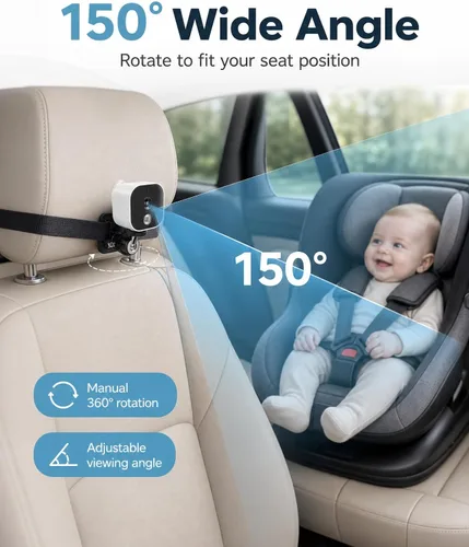 Miniatura 6 de Cámara inalámbrica para automóvil de bebé, visión nocturna automática IR HD 1080P, monitor de bebé giratorio de 360°, pantalla de 5 pulgadas zoom