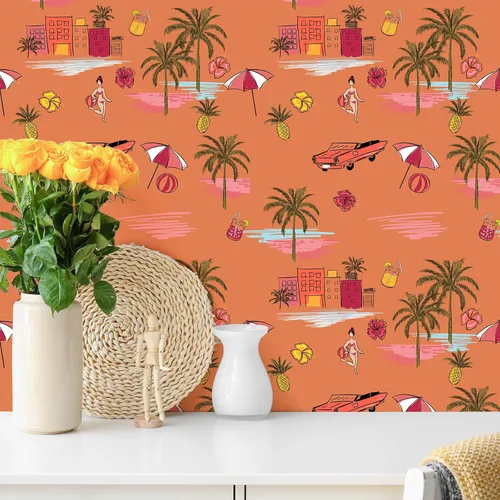 Miniatura 4 de VEELIKE Orange Island - Papel tapiz autoadhesivo para despegar y pegar, dibujado a mano, palmeras de playa de verano, papel tapiz extraíble, 17.7 x