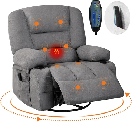 Miniatura 3 de Mecedora de masaje con vibración y calor, sillas mecedoras giratorias de felpilla de 360° para sala de estar, asiento de cine en casa con portavasos