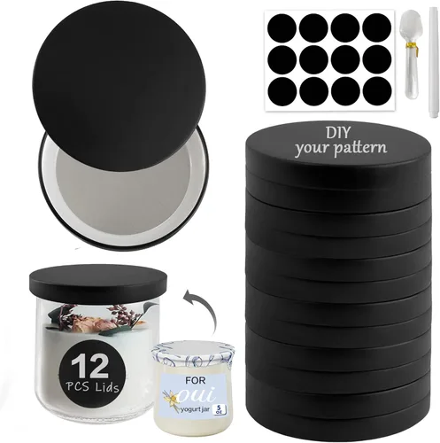 Oui - Tapas para tarros de yogur, paquete de 12 tapas de metal negro para contenedor de yogur Yoplait, tapas para tarros de yogur oui con etiqueta