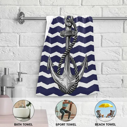 Miniatura 6 de Toalla de mano de baño de ancla, 2 piezas, toallas de mano absorbentes náuticas a rayas blancas, anclajes marinos, toalla facial suave