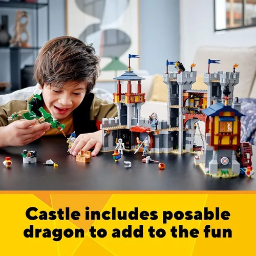 Miniatura 5 de LEGO Creator 3 en 1 - Juguete de castillo medieval que se transforma de castillo a torre en mercado, incluye figura de esqueleto y dragón, con 3