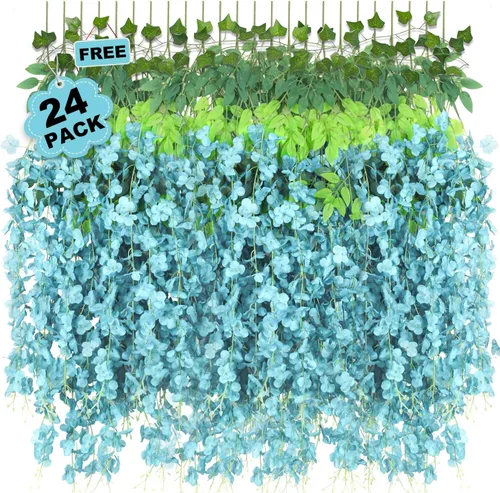 Miniatura 9 de 25 Pcs Artificial Wisteria Hanging Flowers 3.6ft Dusty Blue & White Fake Hanging Flowers Garland Silk Flowers Rattan String Faux Wisteria Vine for