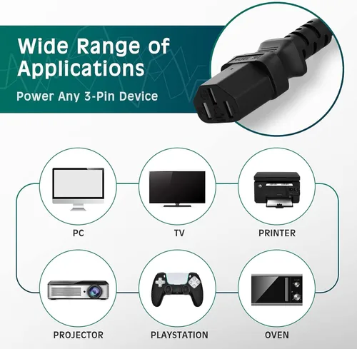 Miniatura 6 de Elecan Cable de alimentación de repuesto de 3 clavijas de 50 pies, cable de alimentación flexible y duradero a prueba de calor para dispositivos CA