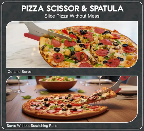 Miniatura 4 de Tijeras de pizza con servidor antiadherente. Corte de pizza afilado sin ensuciar la cobertura. Agarre firme, cortador de pizza de acero inoxidable