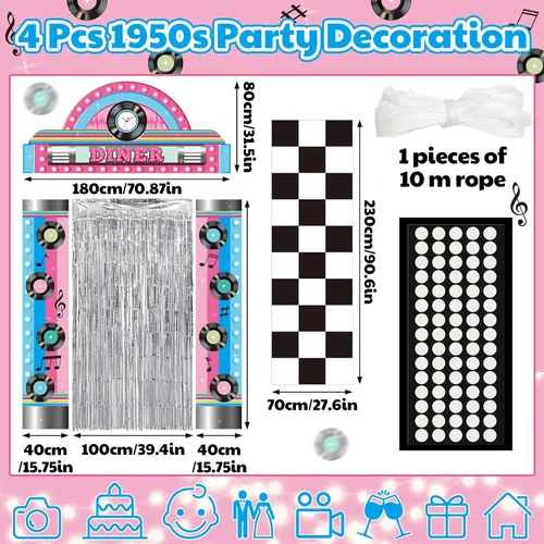 Miniatura 2 de VitalCozy 7 piezas Decoraciones de fiesta de los 50s Banderas de fiesta retro de la década de 1950 para restaurante estilo diner, alfombra a cuadros