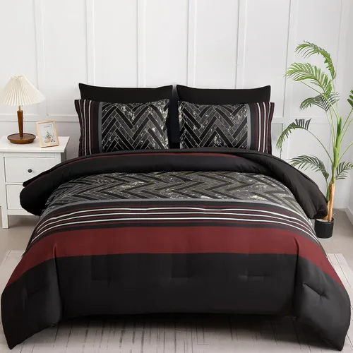 Miniatura 19 de Luxudecor Juego de Edredón Negro Tamaño King, 7 Piezas Cama en una Bolsa de Rayas Geométricas, Juego de Edredón Geométrico y Sábanas, Juego Completo