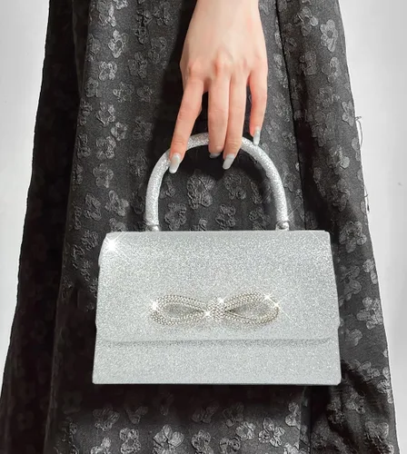 Miniatura 6 de Bolso de noche con lazo brillante para mujer, con purpurina, con strass, bolso de mano, para cóctel, de graduación, de fiesta, de boda