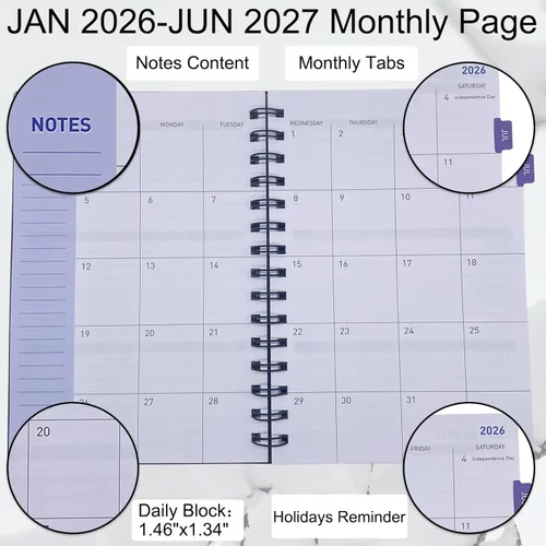 Miniatura 3 de Agenda 2026-2027, planificadores mensuales semanales 2026-2027, agenda mensual de 18 meses de enero de 2026 a junio de 2027, papel grueso, 5.6 x 8.2