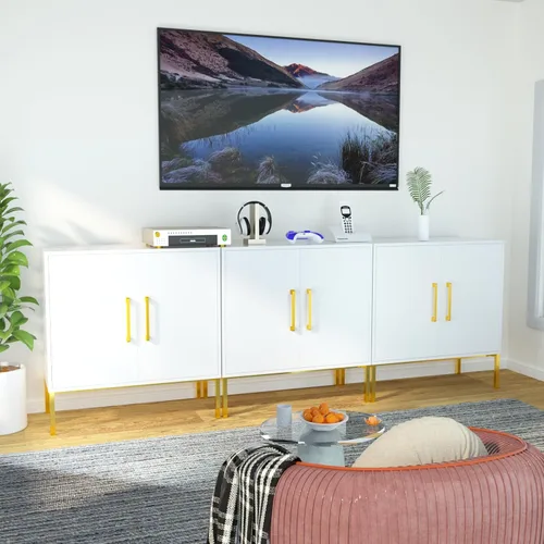 Miniatura 8 de JOZZBY Aparador de buffet con almacenamiento, gabinete de madera moderno con estantes ajustables, gabinetes blancos y dorados para sala de estar