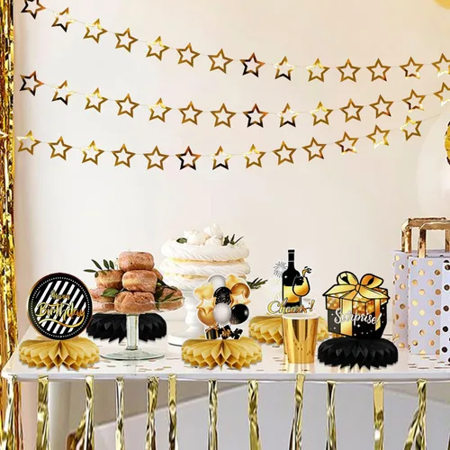 Miniatura 6 de 9 piezas de decoración de mesa de fiesta de cumpleaños, centros de mesa de panal de abeja de oro negro para mesa, decoración de mesa de cumpleaños