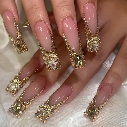 24 uñas acrílicas a presión, uñas postizas largas con forma de ataúd brillante, color rosa degradado, con diamantes de imitación y purpurina en
