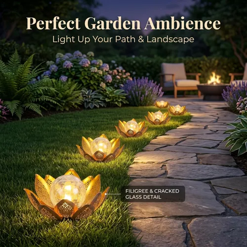 Miniatura 4 de DUSVALLY Luz solar de jardín flor de loto con globo de cristal agrietado, lámpara decorativa de metal para exteriores, luz LED impermeable