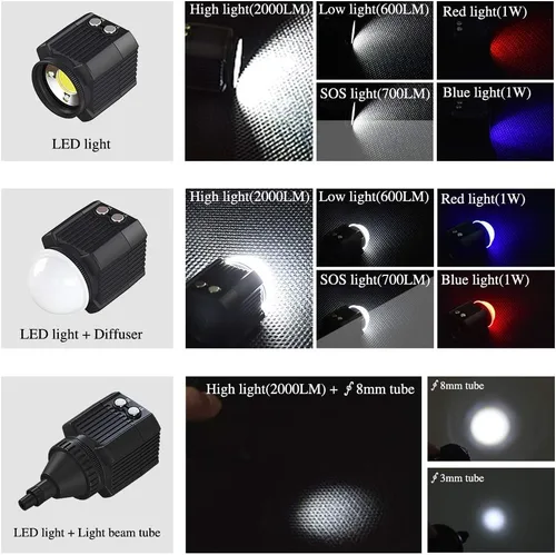 Miniatura 5 de Luz de video de buceo impermeable de 195 pies/196.9 ft, blanco, rojo, azul, mini cubo, luces LED para cámara con cabeza de bola, adaptador de zapata