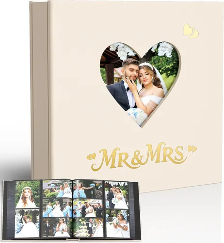 Miniatura 12 de Wedding Photo Album 4x6 with 400 Pockets, Custom Engraved Beige Leather Memory Book for Engagement, Bridal Shower & Keepsake Gift, Beige Leather