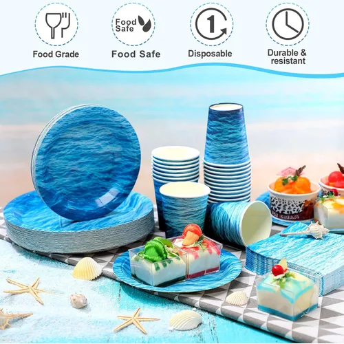 Miniatura 4 de 200 piezas de suministros para fiesta del océano, juego de vajilla con diseño de olas del océano, platos impresos, servilletas, tazas, decoraciones