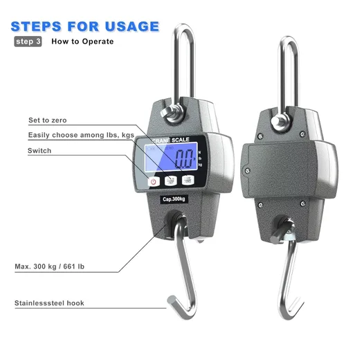 Miniatura 6 de Báscula digital portátil de 661.4 lbs con ganchos, báscula de juego de alta precisión, báscula electrónica resistente para colgar en granja, caza