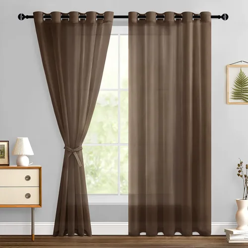 Miniatura 22 de Hiasan - Cortinas traslúcidas de gasa cortas semitransparentes con ojales y alzapaños filtrantes de luz para ventana, dormitorio, baño, 2 paneles