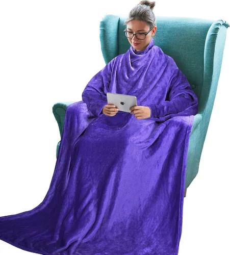 Miniatura 8 de Tirrinia Manta de Forro Polar Vestible con Capucha y Mangas para Adultos Mujeres y Hombres, Súper Suave Cómoda de Felpa Funcional Manta de TV Throw