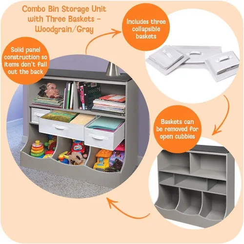 Miniatura 4 de Badger Basket Combo organizador de almacenamiento de juguetes y estantería, unidad de almacenamiento para niños con 3 cestas extraíbles, estantes