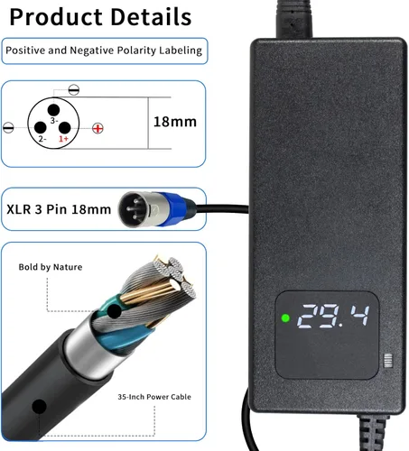 Miniatura 2 de Cargador de batería de 29.4V 4A Cargador de batería de litio de 24V para batería de iones de litio de 24V 7S Conector XLR de 3 pines, equipado