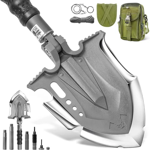 Zune Lotoo Pala de supervivencia multiherramienta 28 en 1, kit de lujo táctico, pala plegable para campamento, acero martensítico irrompible,