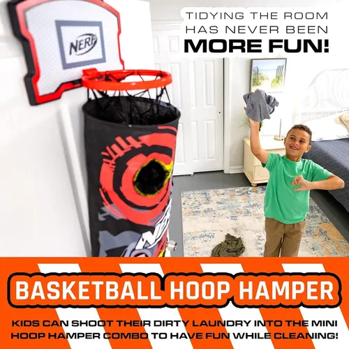 Miniatura 6 de NERF Cesta de aro de baloncesto – Cesta para ropa sucia sobre la puerta + objetivo de disparo – Mini canasta de aro + juego de baloncesto