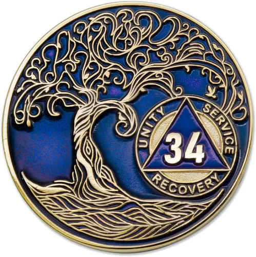 Miniatura 51 de 20 Year Sobriety Mint Twisted Tree of Life - Medallón de recuperación AA chapado en oro, fichas y fichas, color negro