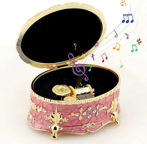 Miniatura 12 de ROSIKING Caja de música de aleación de metal en relieve en forma de corazón azul, caja musical antigua para joyería con cuerda, regalos