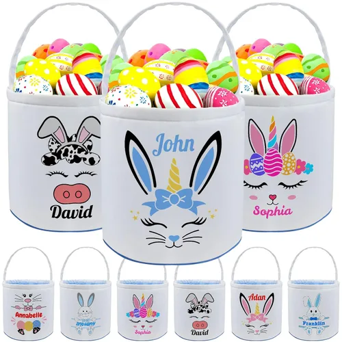 Cesta de Pascua personalizada con nombre para niños, lona personalizada, cubo de Pascua, regalo para niños y niñas Azul (Style1-Blue)
