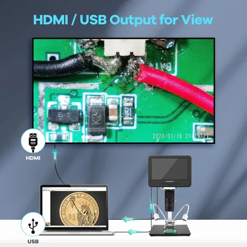 Miniatura 4 de LM246MS Microscopio digital HDMI de 3 lentes de 7 pulgadas para soldar, soporte de brazo de brazo de pluma de 13 pulgadas, video UHD 2160P 2000X